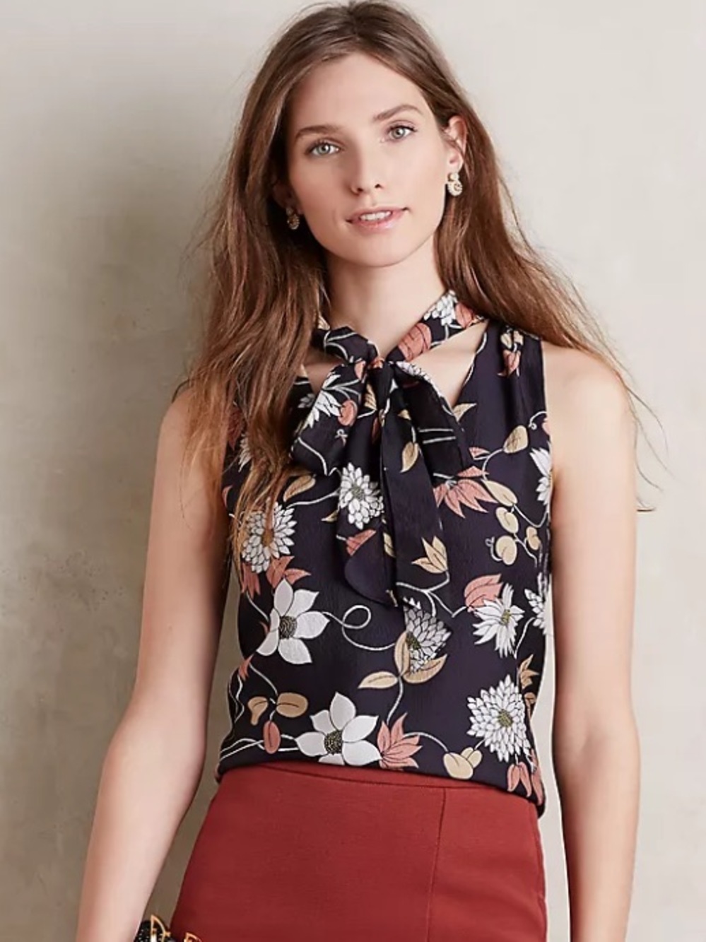 Anthropologie Maeve Petalsilk Tie-Neck Shell 100% Silk Floral Blouse 12